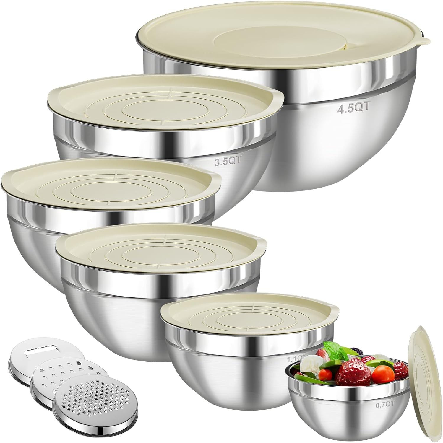 6PCS Stainless Steel Mixing Bowls Set With Lids & Grater Tools