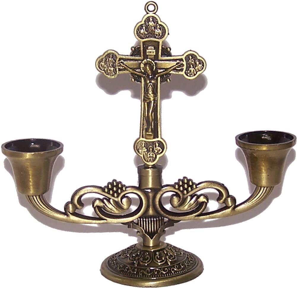 Holy Land Market Table Altar Crucifix with Candles Cups / Holders – 5 Inches