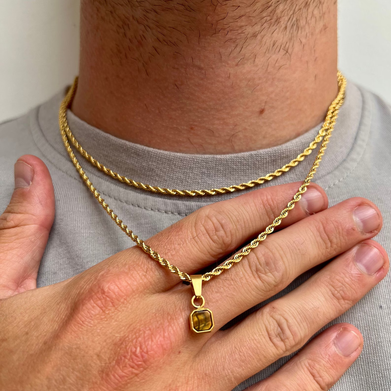 18K Yellow Gold Over Tigers Eye 22″ Chain Pendant Necklace For Mens Jewellery