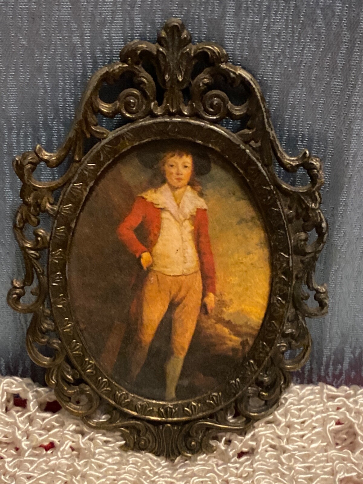 Vintage Miniature Art Print Decorative Metal Frame Italy Victorian Boy 5.5”