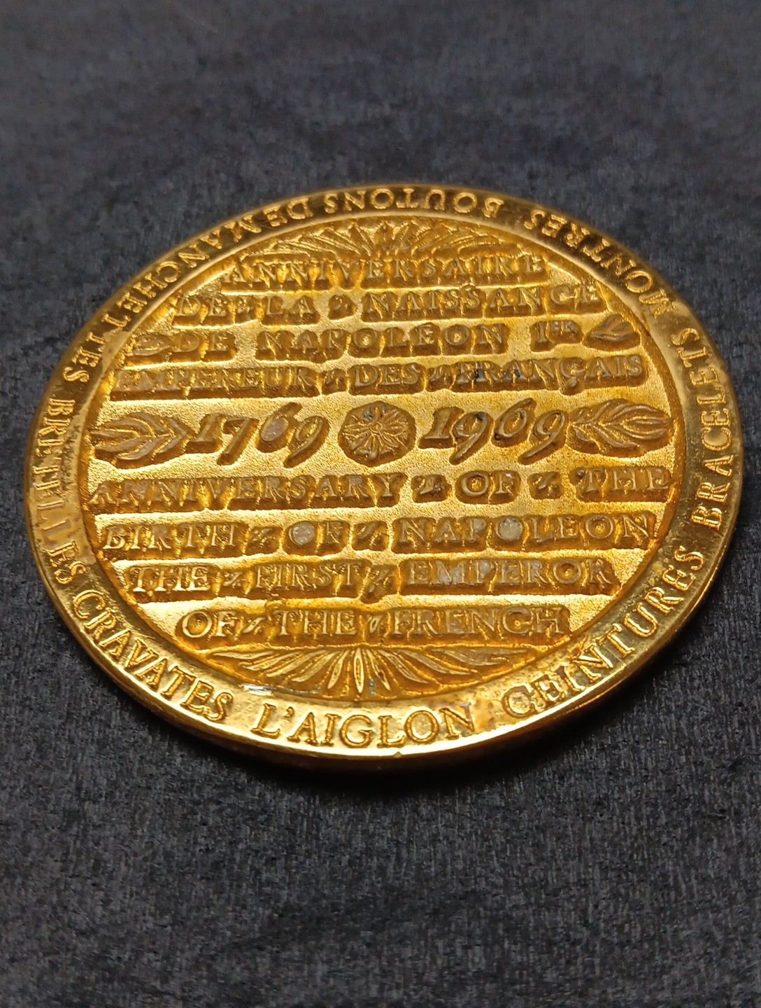 1969 Anniversary Of Napoleons Birth Medal 69mm 2-3/4 Inch Large Gold Plated