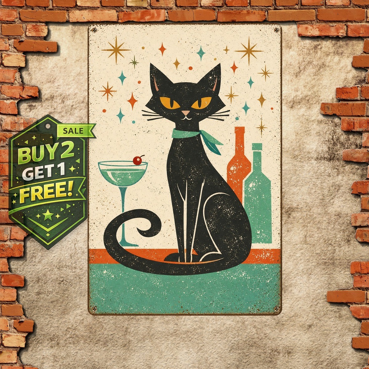Mid Century Modern Black Cat Cocktail Retro Bar Metal Tin Sign 8×12