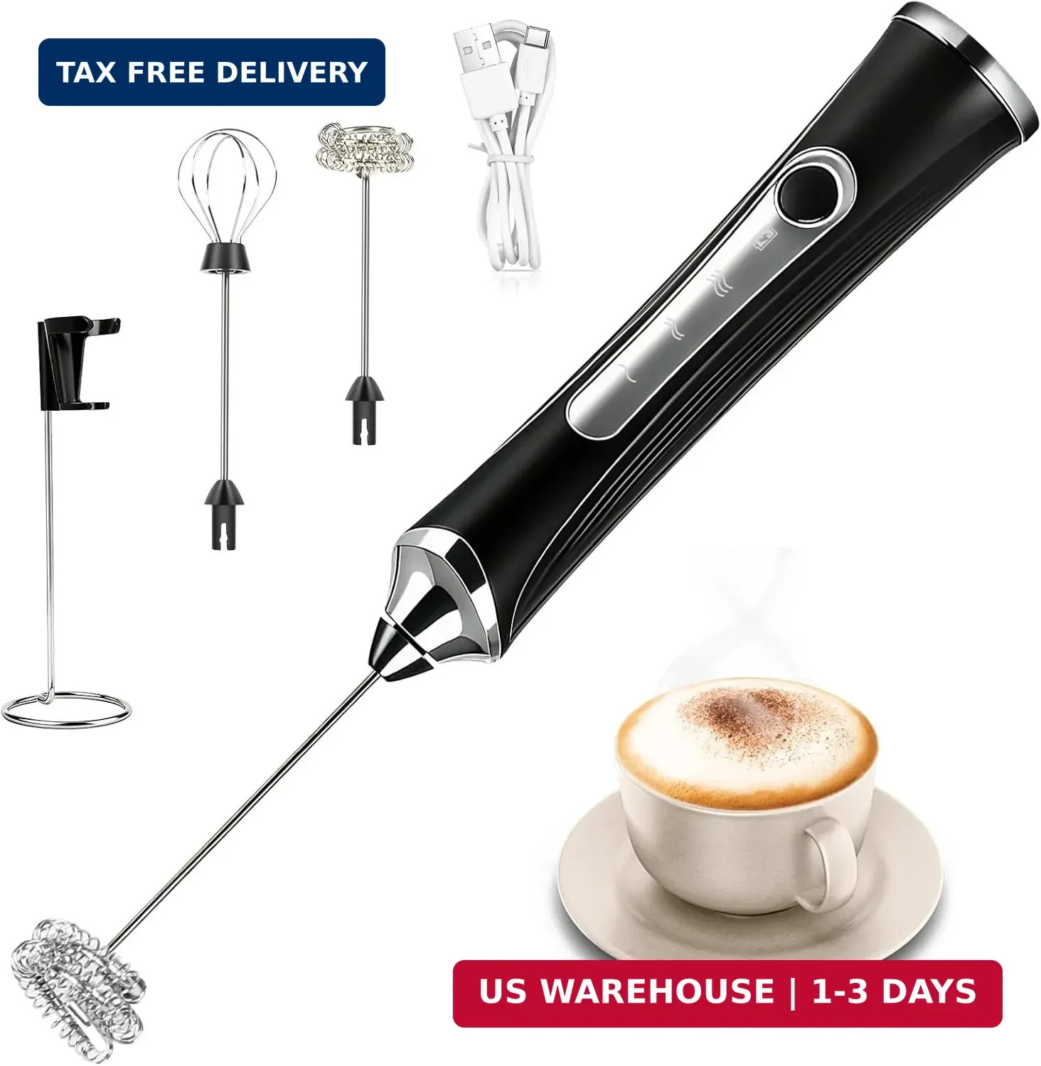 Milk Frother Electric Rechargeable Handheld Mixer Egg Beater w/ Stand
