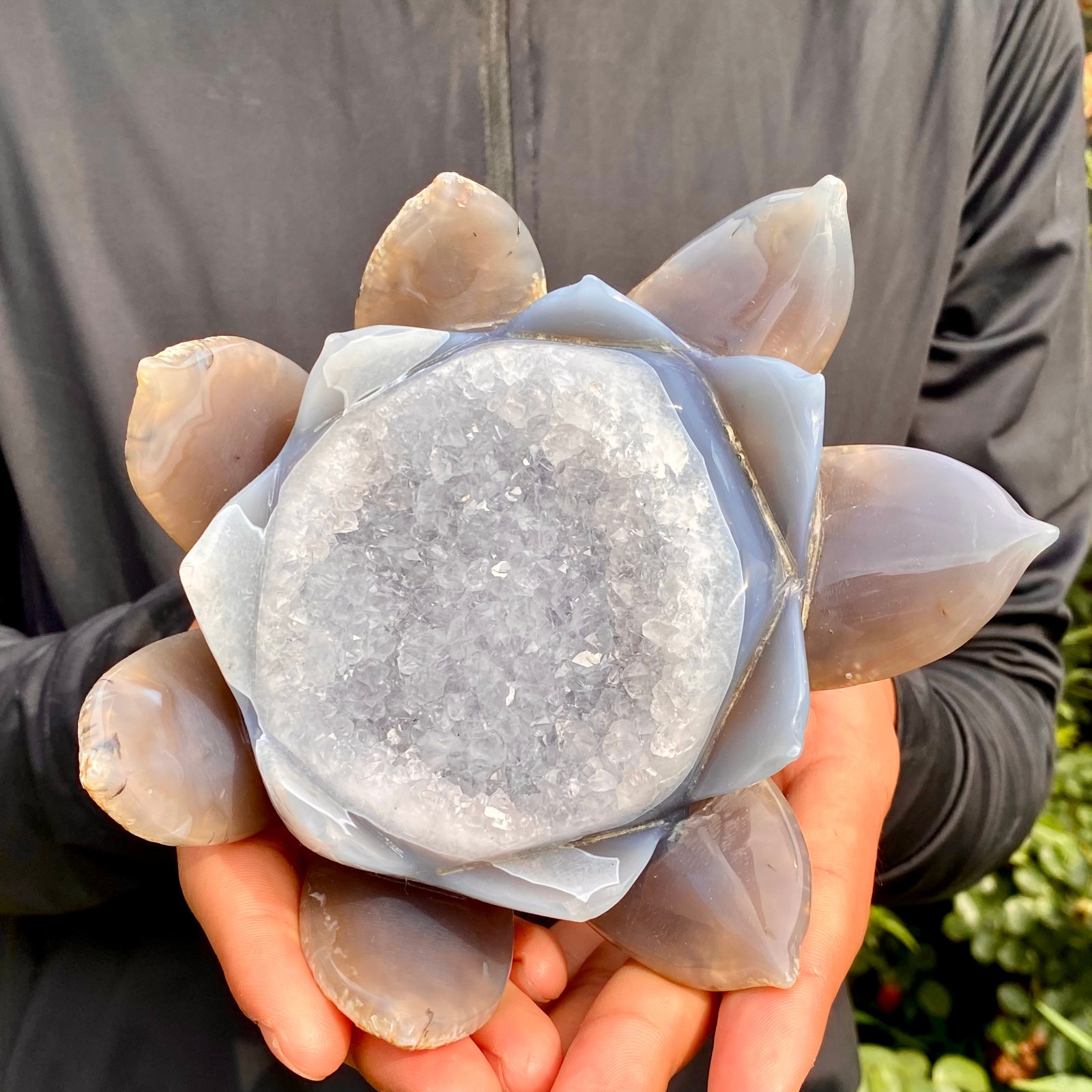 2.4LB Agate Hand Carved Lotus Flower Healing Crystal Decor Gift