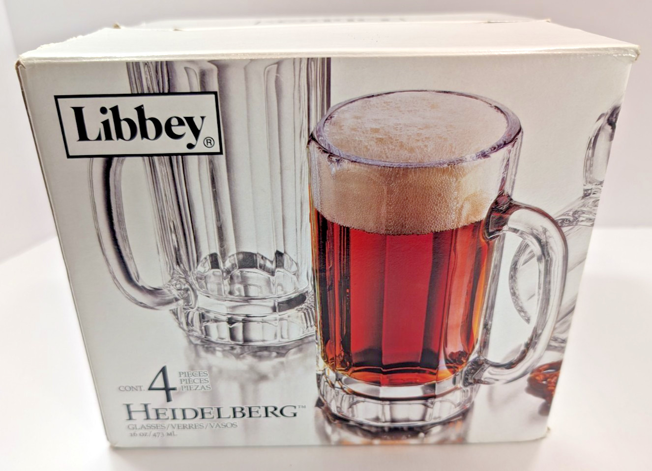 LIBBEY Heidelberg Mugs Box of 4 Extra Heavy Clear Paneled Glass 16 oz Open Box