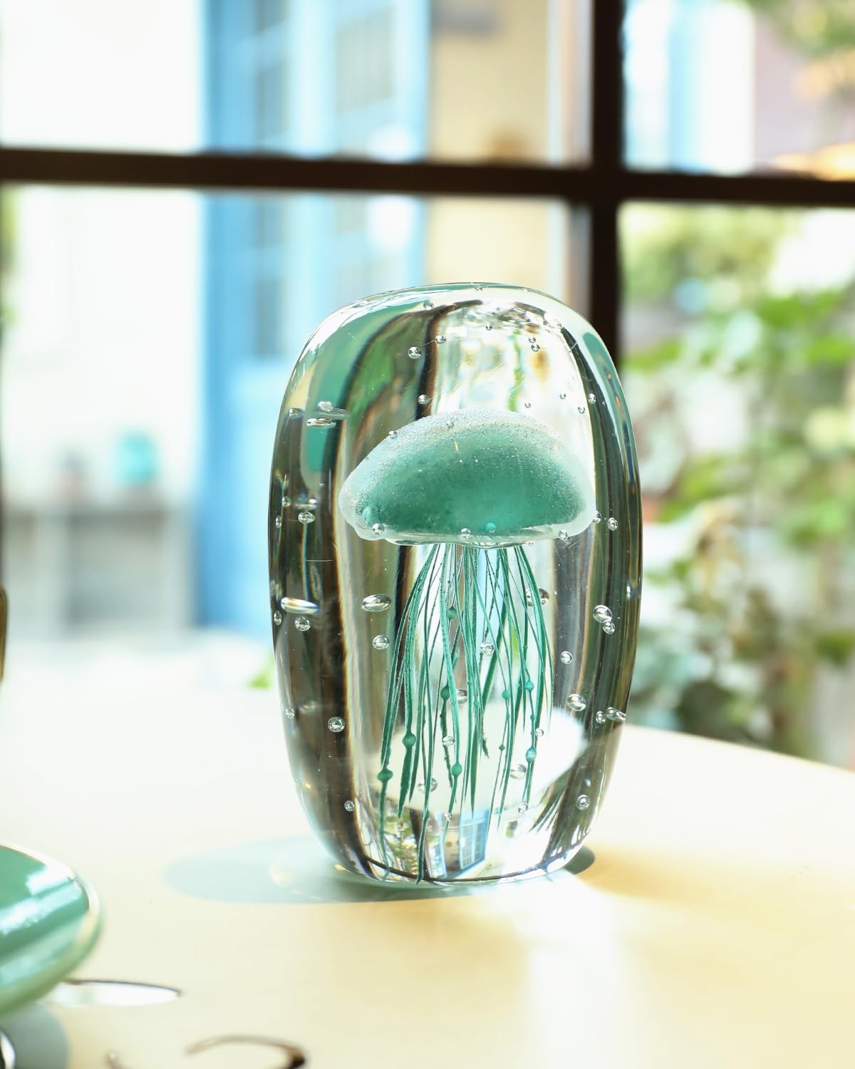 Glass Jellyfish Figurine, Hand Blown Art, Glow in The Dark Paperweight, Sea O…