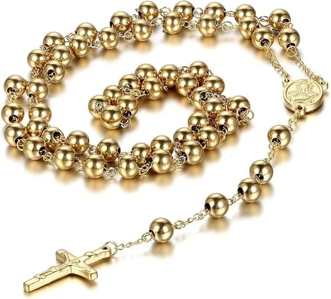 18K Yellow Gold Over 8MM Bead Mary Jesus Crucifix Cross Rosary Necklace Xmas Men