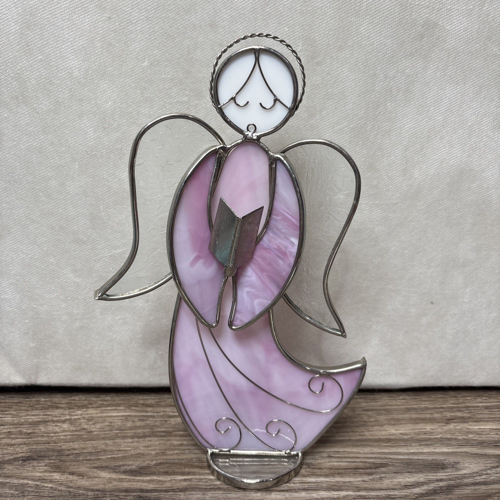 VTG Stained Glass Angel Figurine Pink& Clear Glass-10”Tall