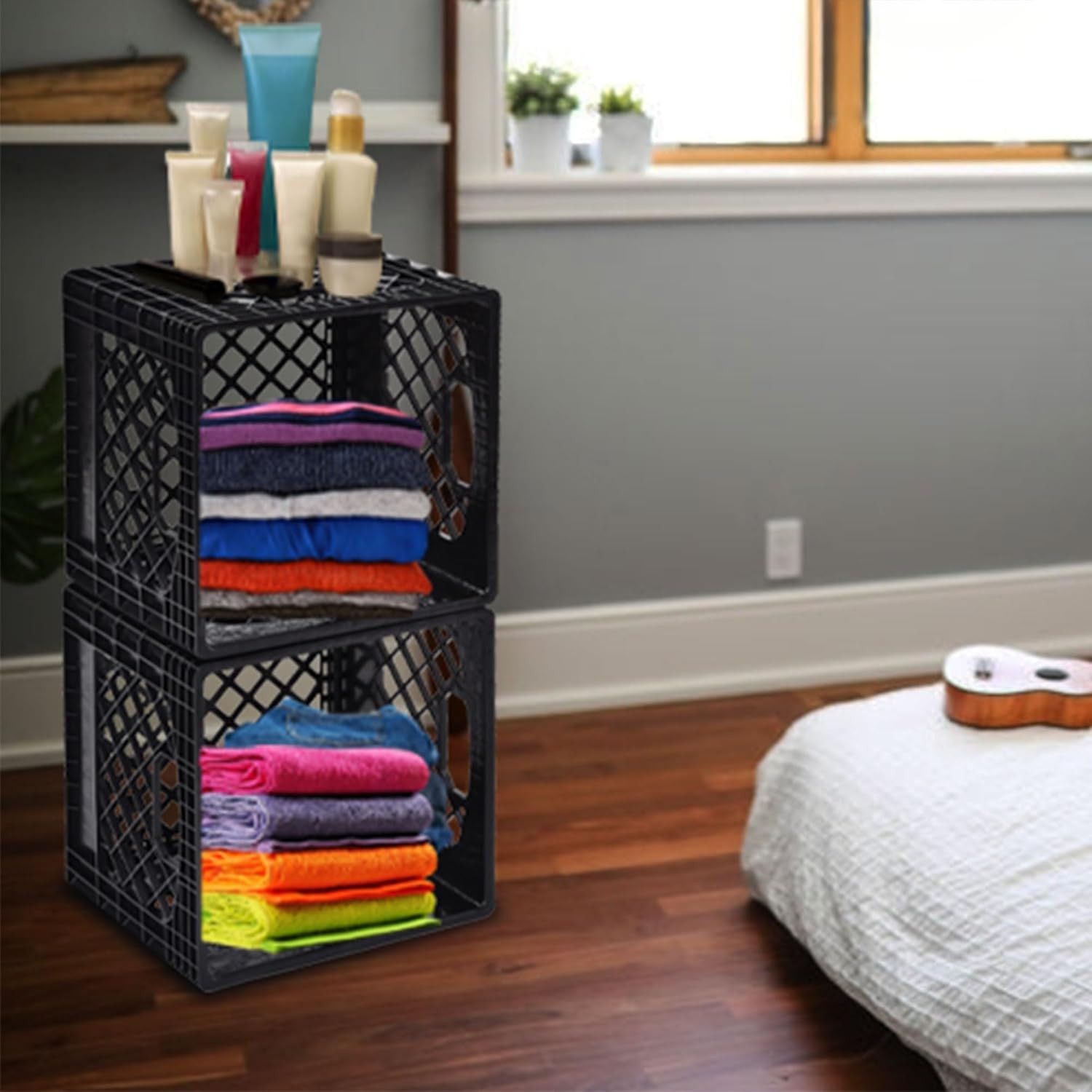 Juggernaut Storage 2-Pack Stackable Heavy Duty Milk Crates with Handles, 16 Qt,