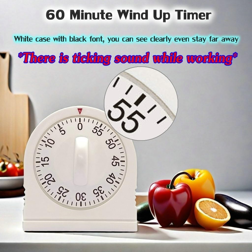 60 Minute White Mechanical Wind Up Timer Loud Alarm Visual Countdown Timer