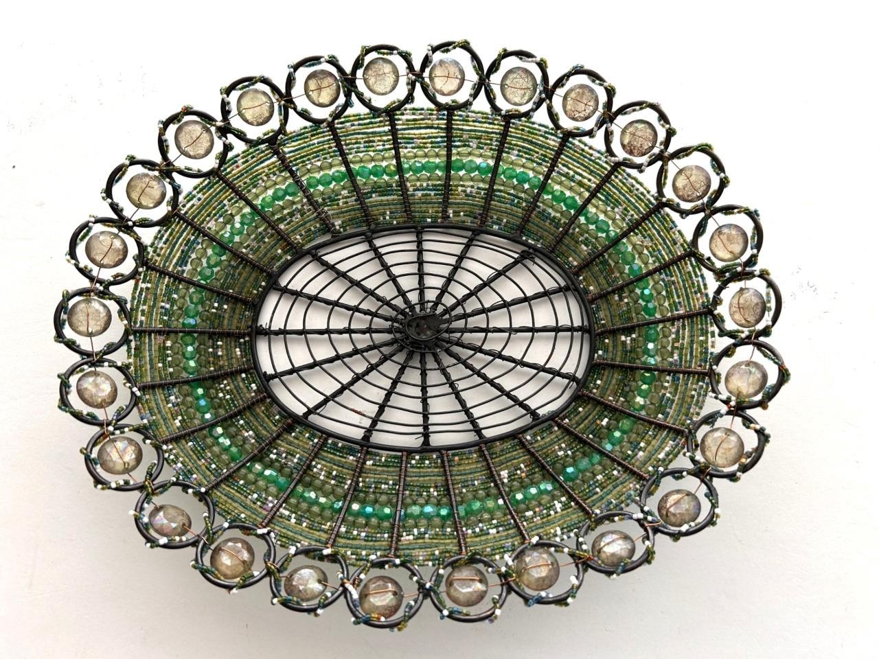 handmade decor dish basket green seed beads and wire 10 x 12 detailed