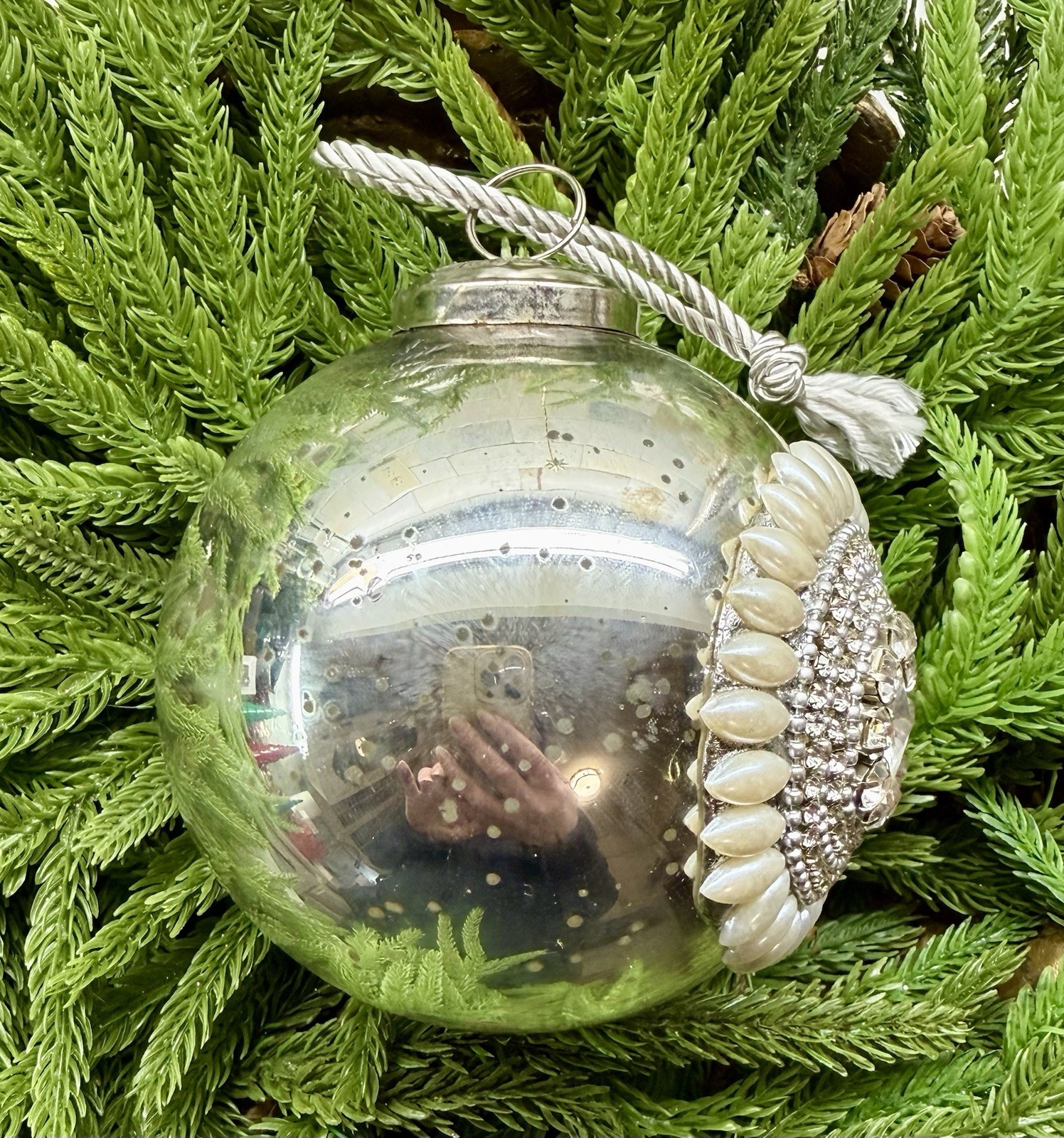 Antiqued Silver Mercury Glass Jeweled Pearl Kugel Ball Christmas Ornament 4”