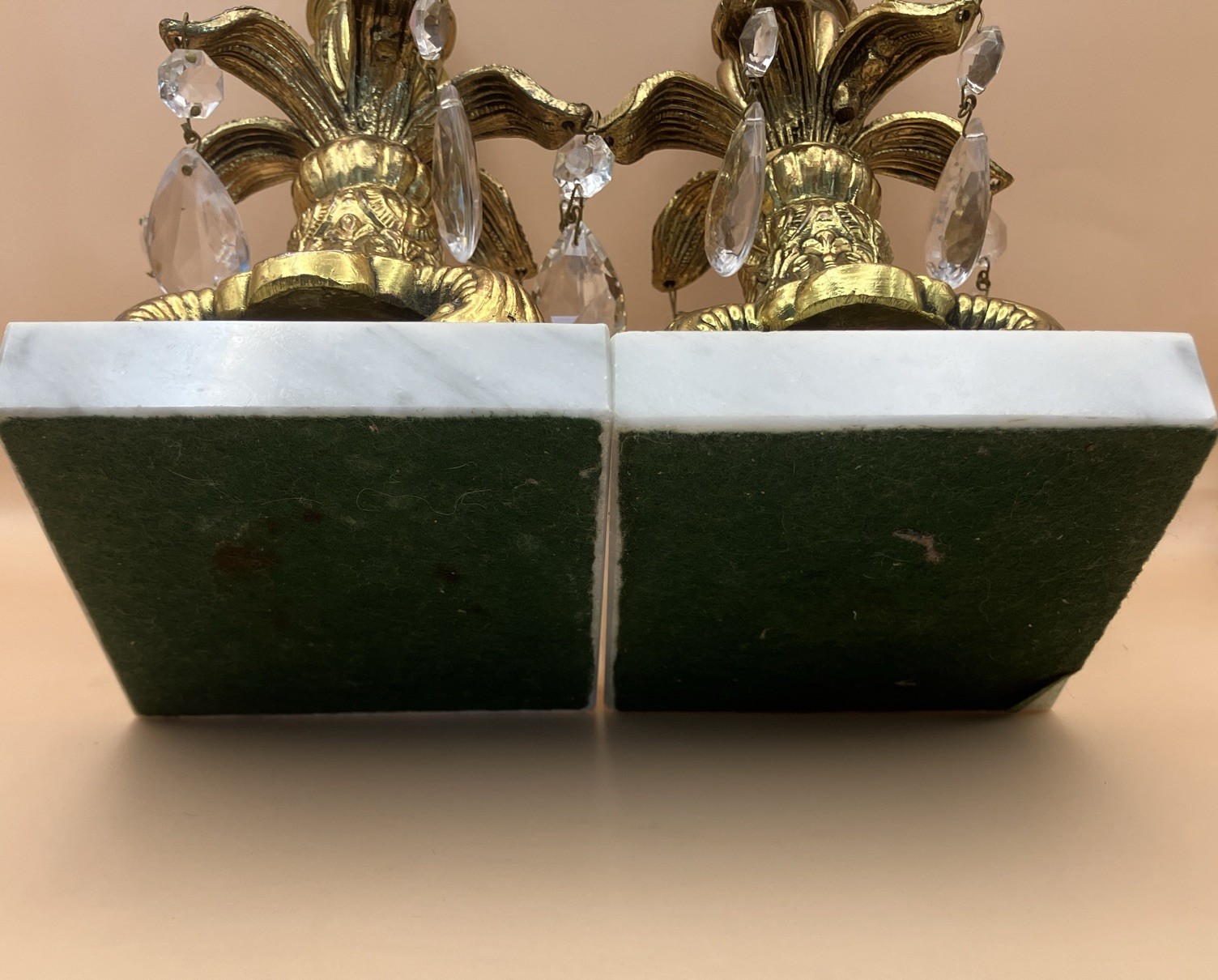 Vintage Brass Marble & Crystal Candlesticks Set of 2 All Crystals Present EUC!