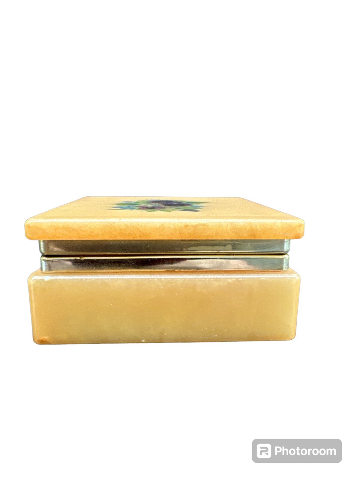 VTG Genuine Alabaster Hand Carved in Italy Trinket Jewelry Box Cream w/ Flowers
