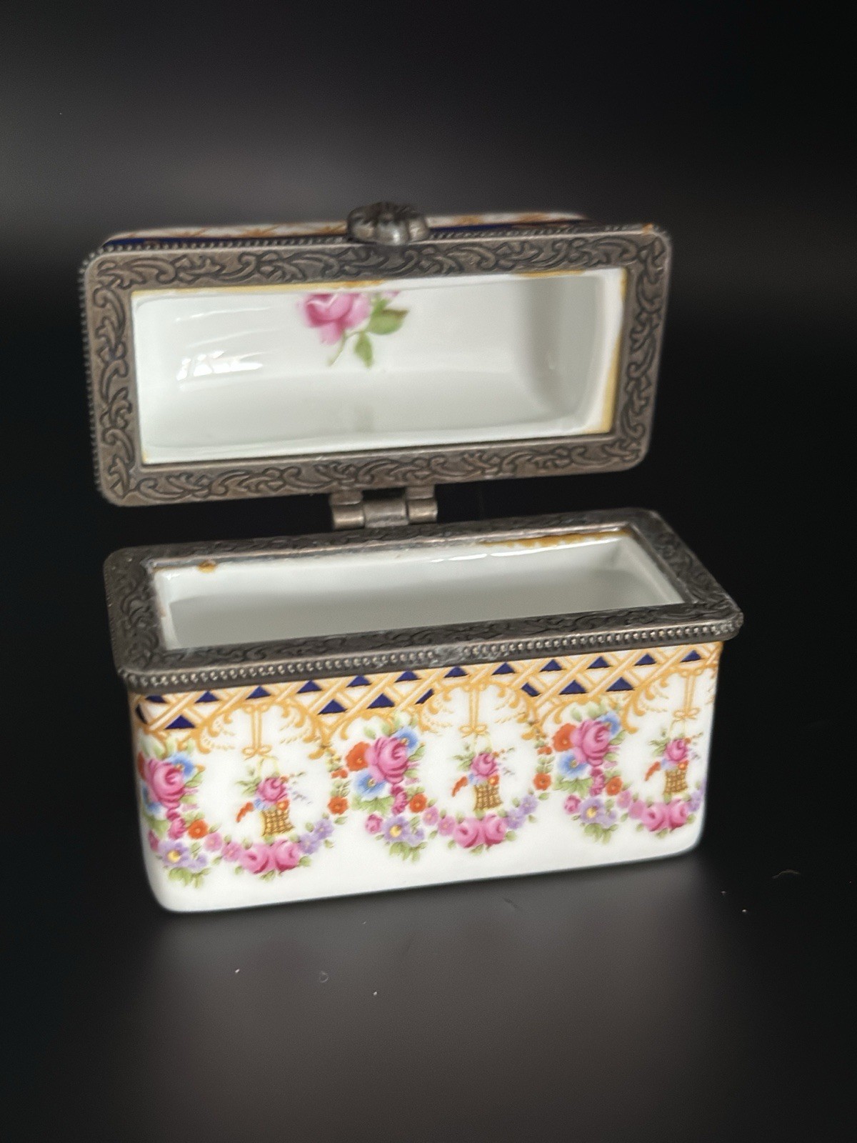 Porcelain Hinged Trinket Box with Rococo Floral Design France 1920’s