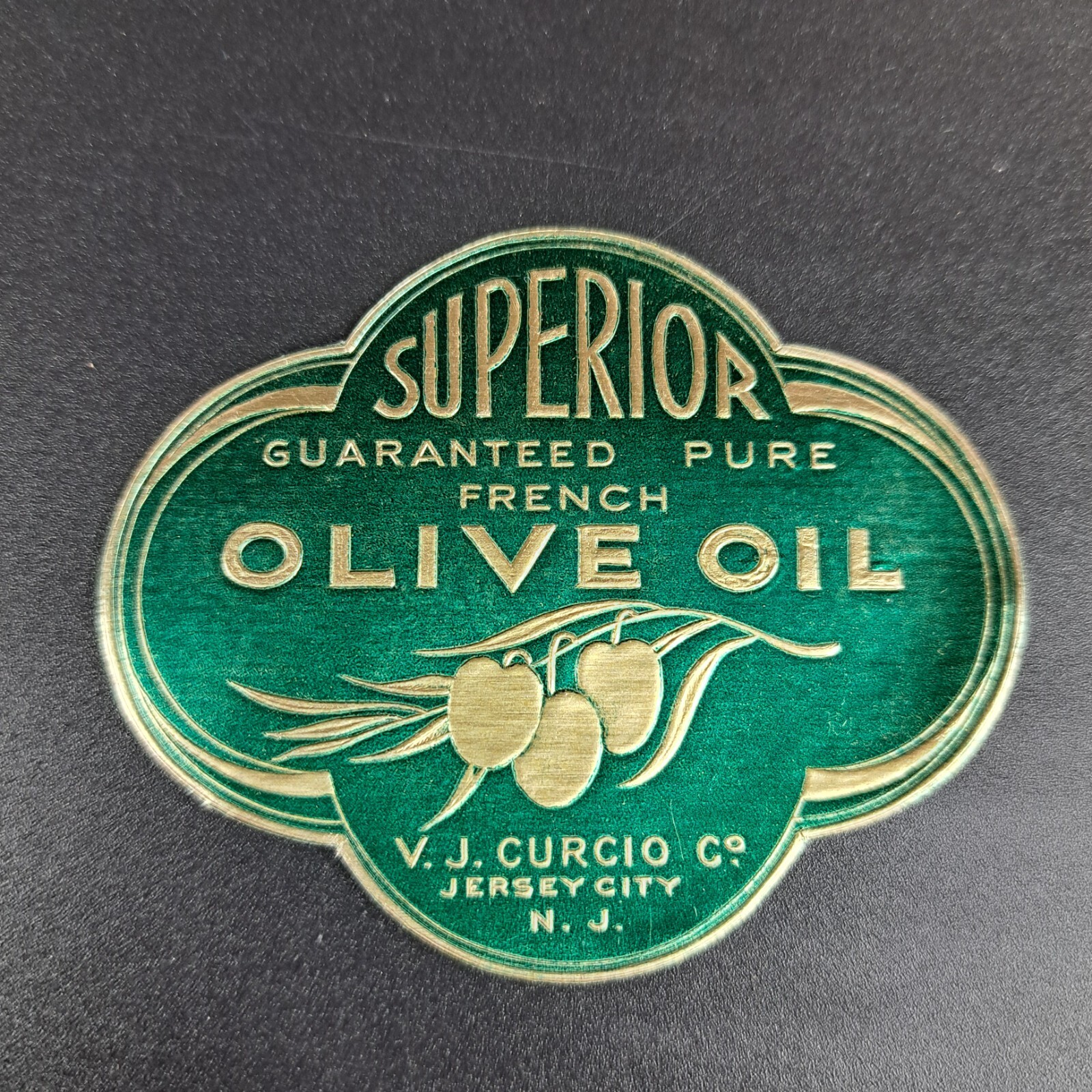 Original Vintage Label V.J. CURCIO CO. Olive Oil Jersey City, NJ Foil Embossed