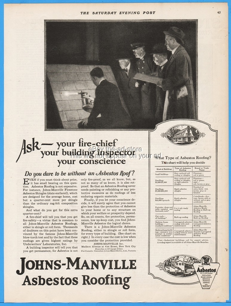 1922 Johns Manville Asbestos Roofing Ask Your Fire Chief Building Inspector Ad