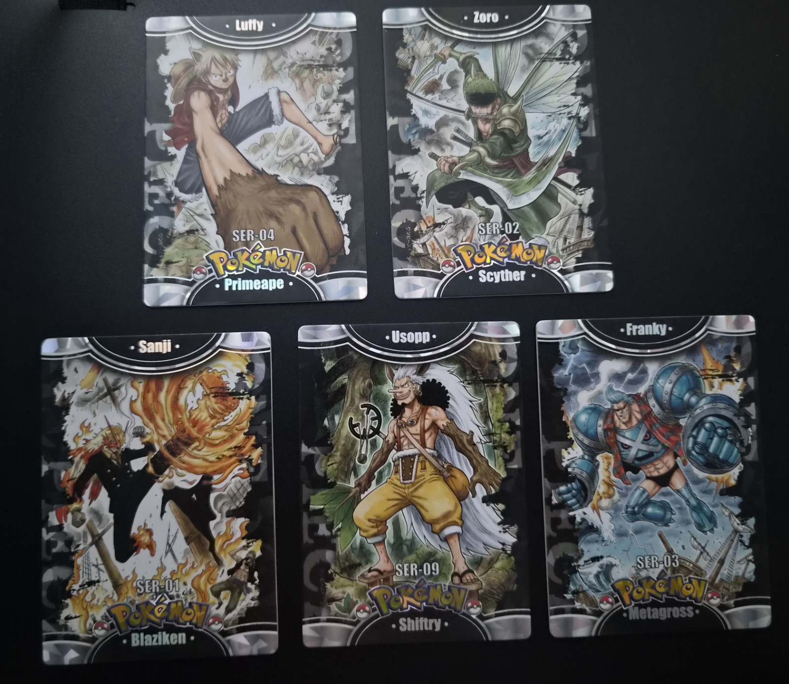 Pokemon X One Piece Mengka V.2 Cards Primeape Scyther Metagross Shiftry Blaziken