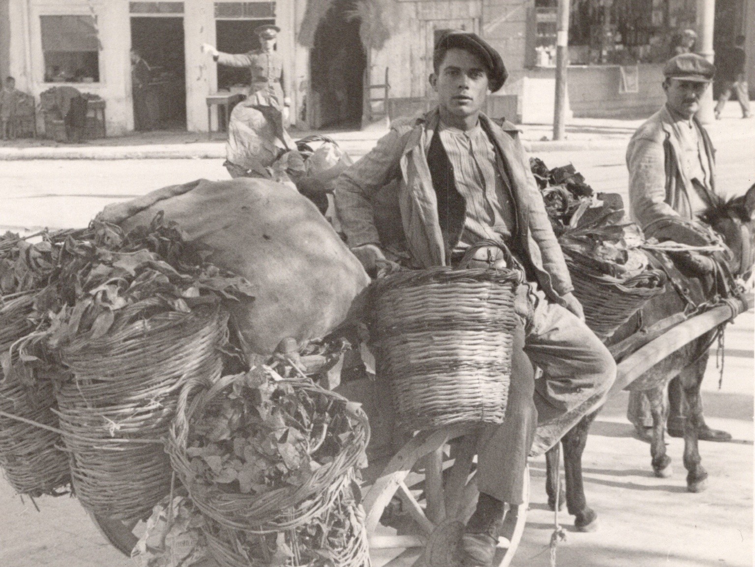 Vintage RPPC Athens Greece Street Scene Men Donkeys Baskets Produce Beret