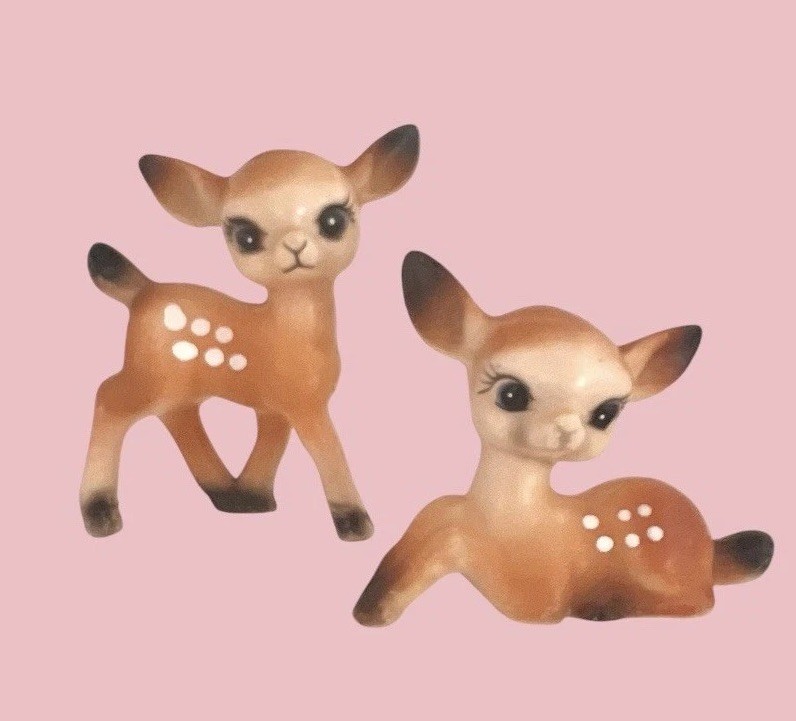 2 Vintage Kitsch Plastic Deer Reindeer Fawn Anthropomorphic Big Eyes Retro