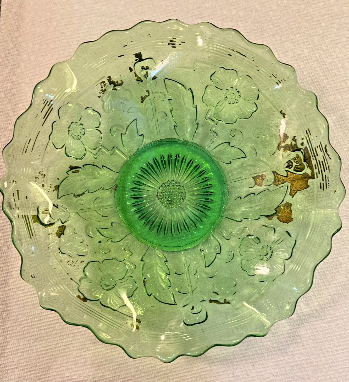 Vintage Green Ruffled Blossoms Glass Bowl Dish Remnants of Goofus Paint