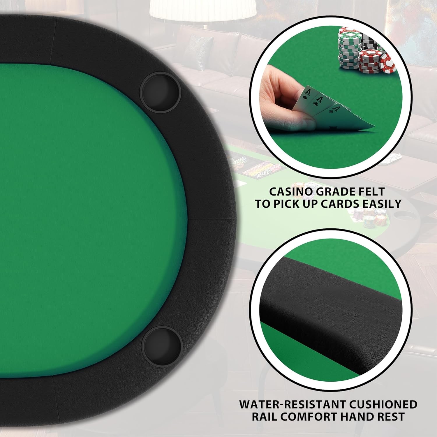 8 Player 71″ Oval Poker Table W/ Collapsible Legs Padded Rails Cup Holders Green