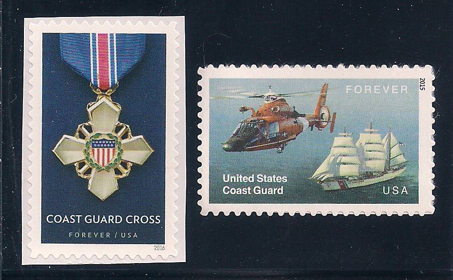 U.S. COAST GUARD CROSS + HELICOPTER & SHIP – 2 U.S. STAMPS – MINT CONDITION