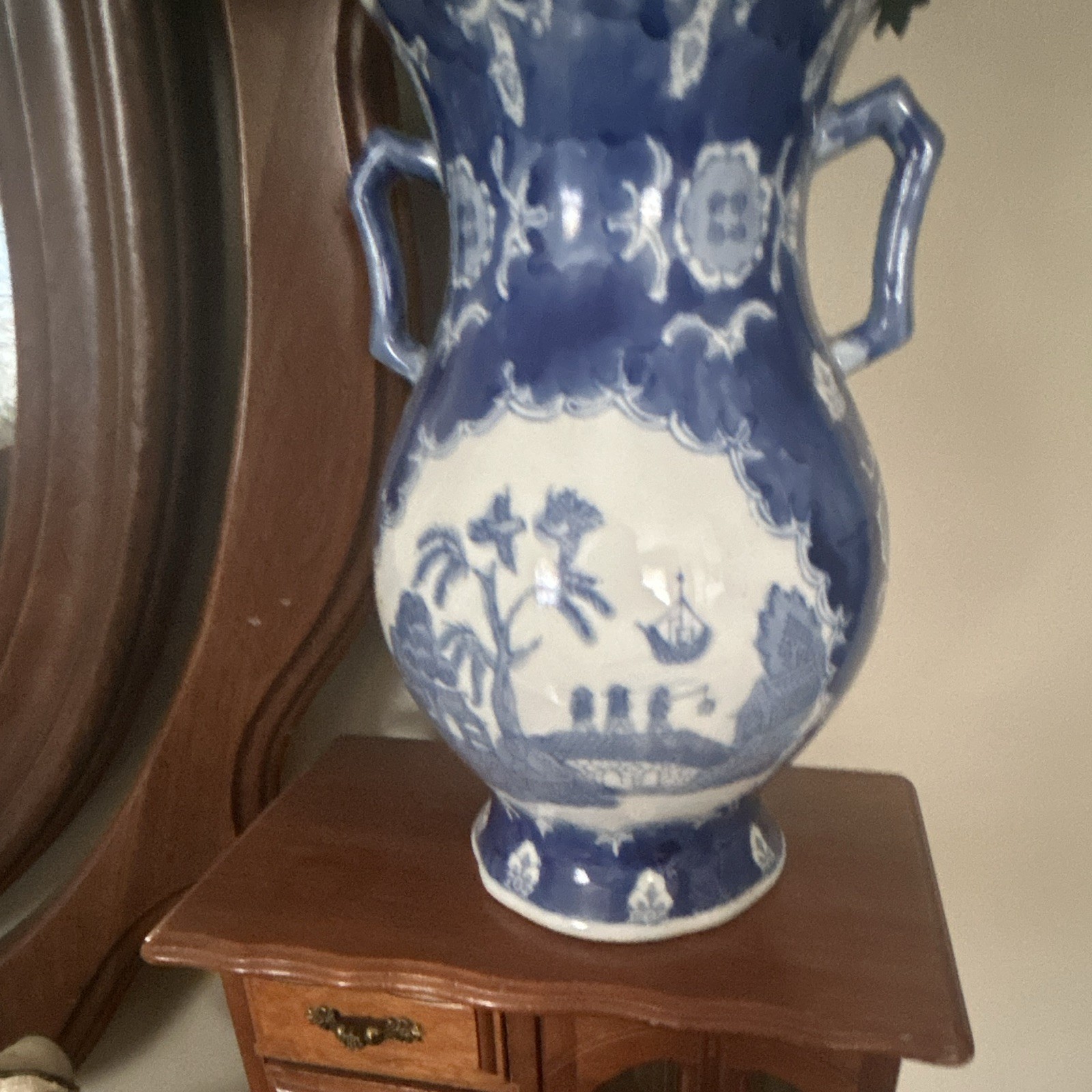 Blue & White Floral Glazed Ceramic Vase w/ Handles, Bottle Shape (1900-1919)
