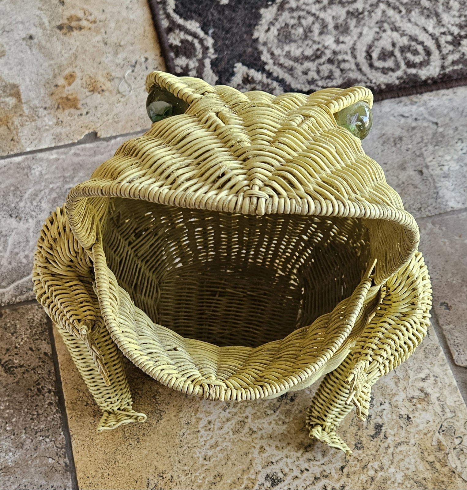 Vintage MCM FROG Basket Bin Large WICKER Rattan BOHO Toad