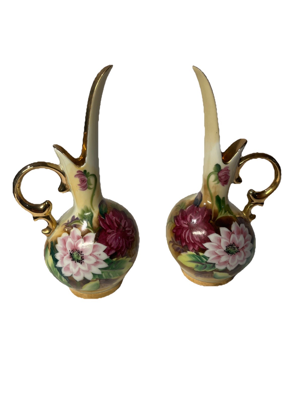 Vintage hand painted flowers on porcelain mini vases ceramic gold trim glazed 7”