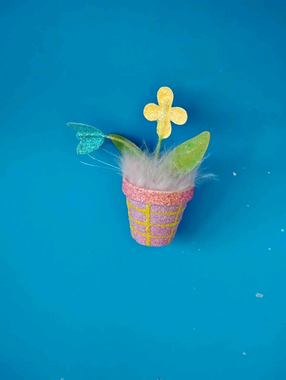 Pier 1 One Small Easter Spring Flowerpot Ornaments Glitter & Feathers Set Of 3