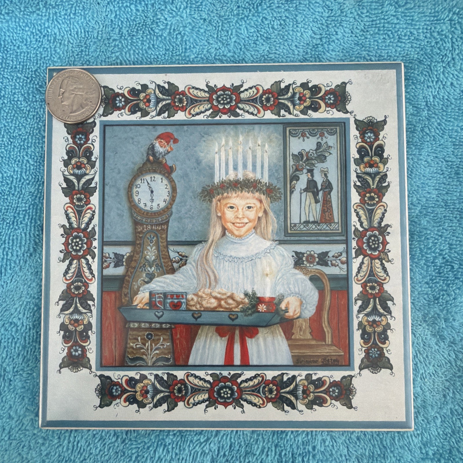 Bergquist Imports Ceramic Art Tile 6 inch Trivet Wall Decor Sankta Lucia Used