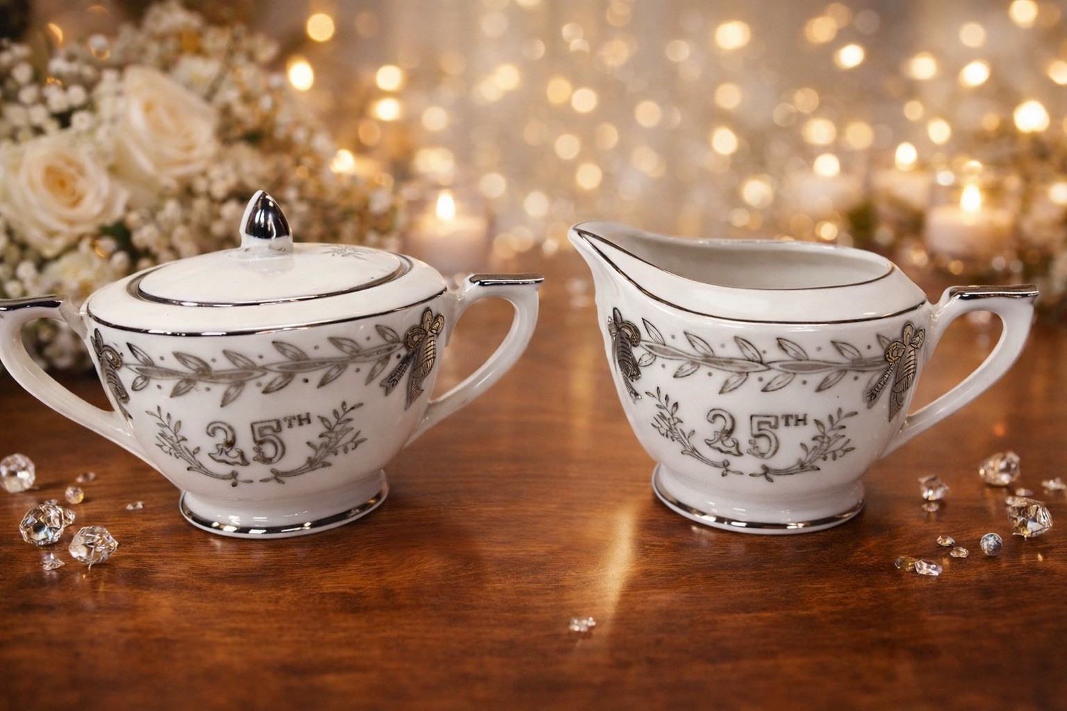 Lefton Vintage Sugar Bowl With Lid & Creamer Hand Painted Japan 25th Anniversary