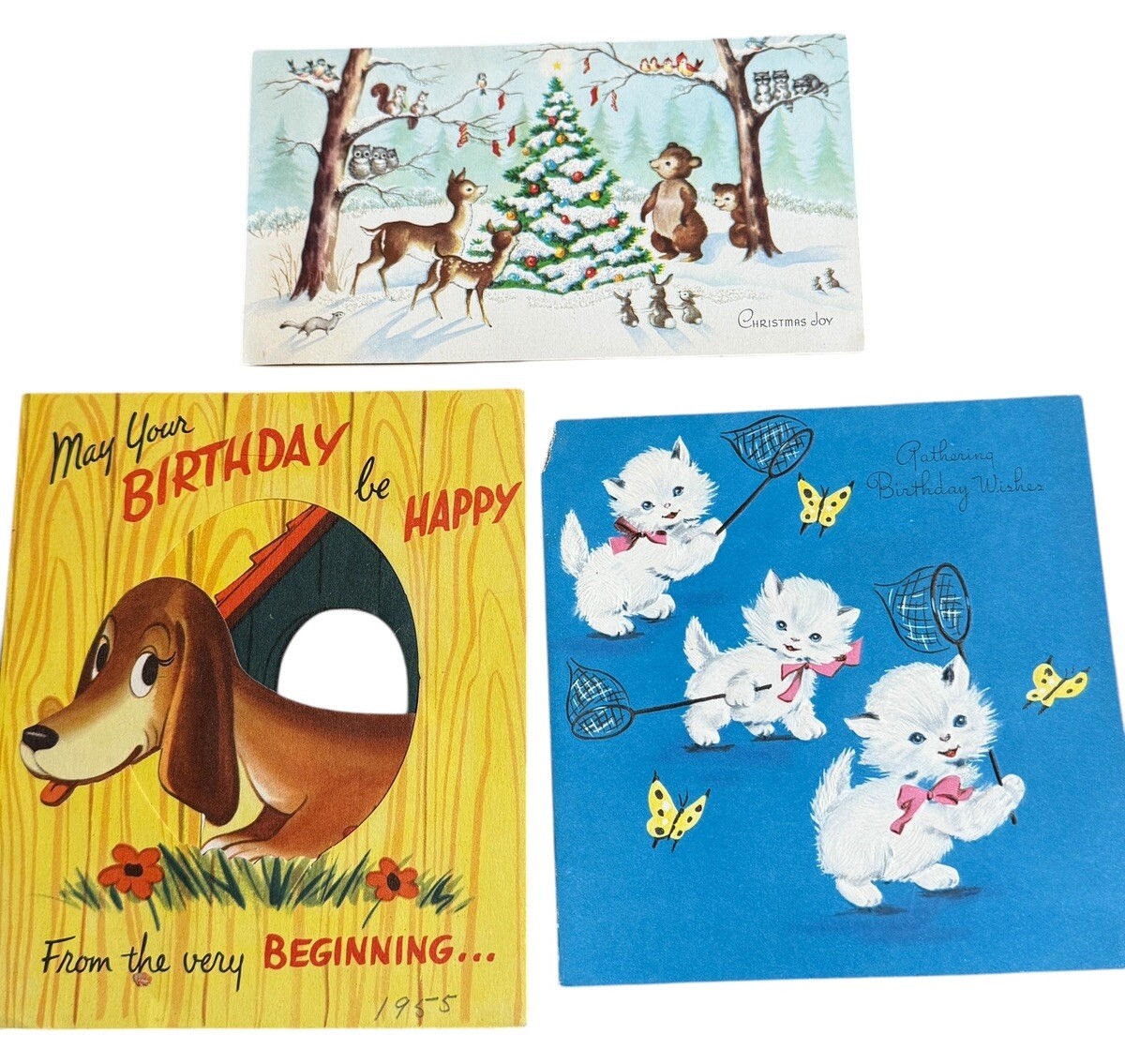 3 Christmas Birthday Kittens Butterflies Sunshine Vintage Greeting Cards 1950’s