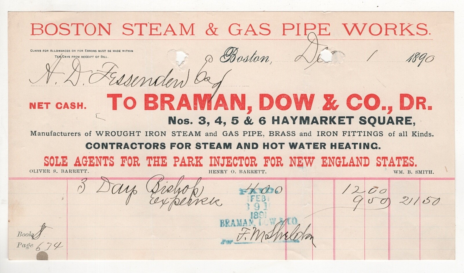 1890 BRAMAN DOW CO BILLHEAD BOSTON STEAM GAS PIPE WORKS WROUGHT IRON HAYMARKET