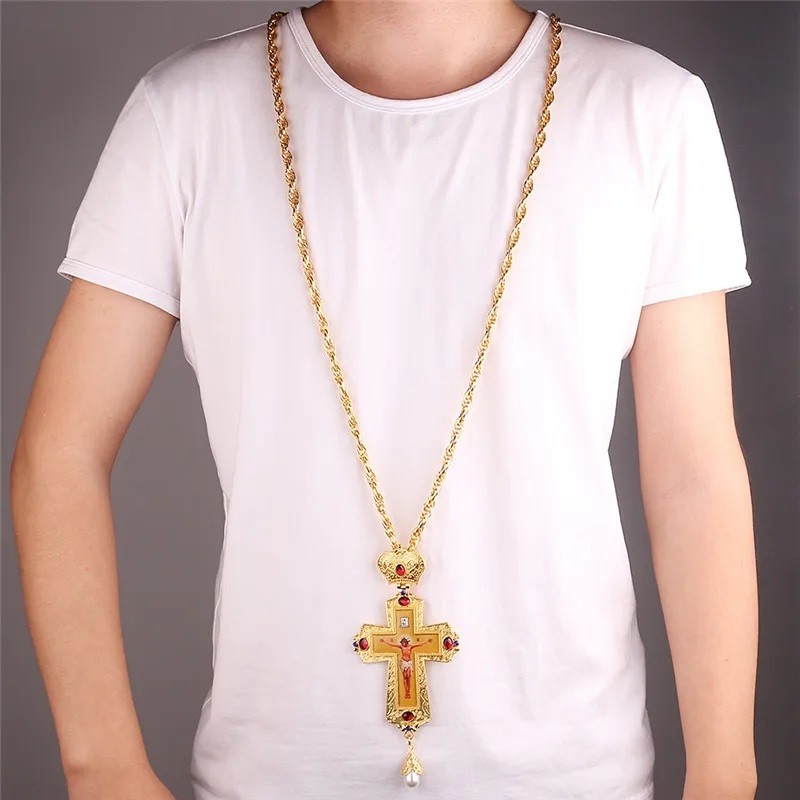 Orthodox Pectoral Cross Gold Crucifix Jesus Christ Bishop Necklace Christian