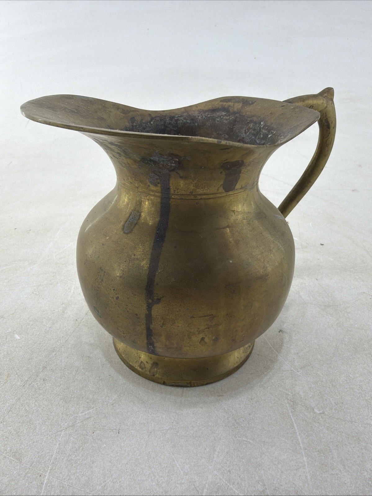 Vintage Solid Brass Water Pitcher Brass Jug With Handle MCM Tarnish Patina