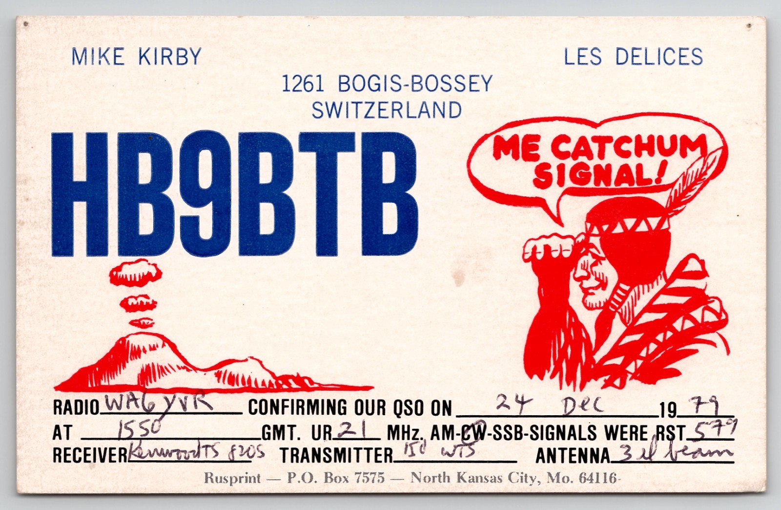 QSL CARD – Bogis Bossey Switzerland 1261 – Written On But Unposted QSL POSTCARD