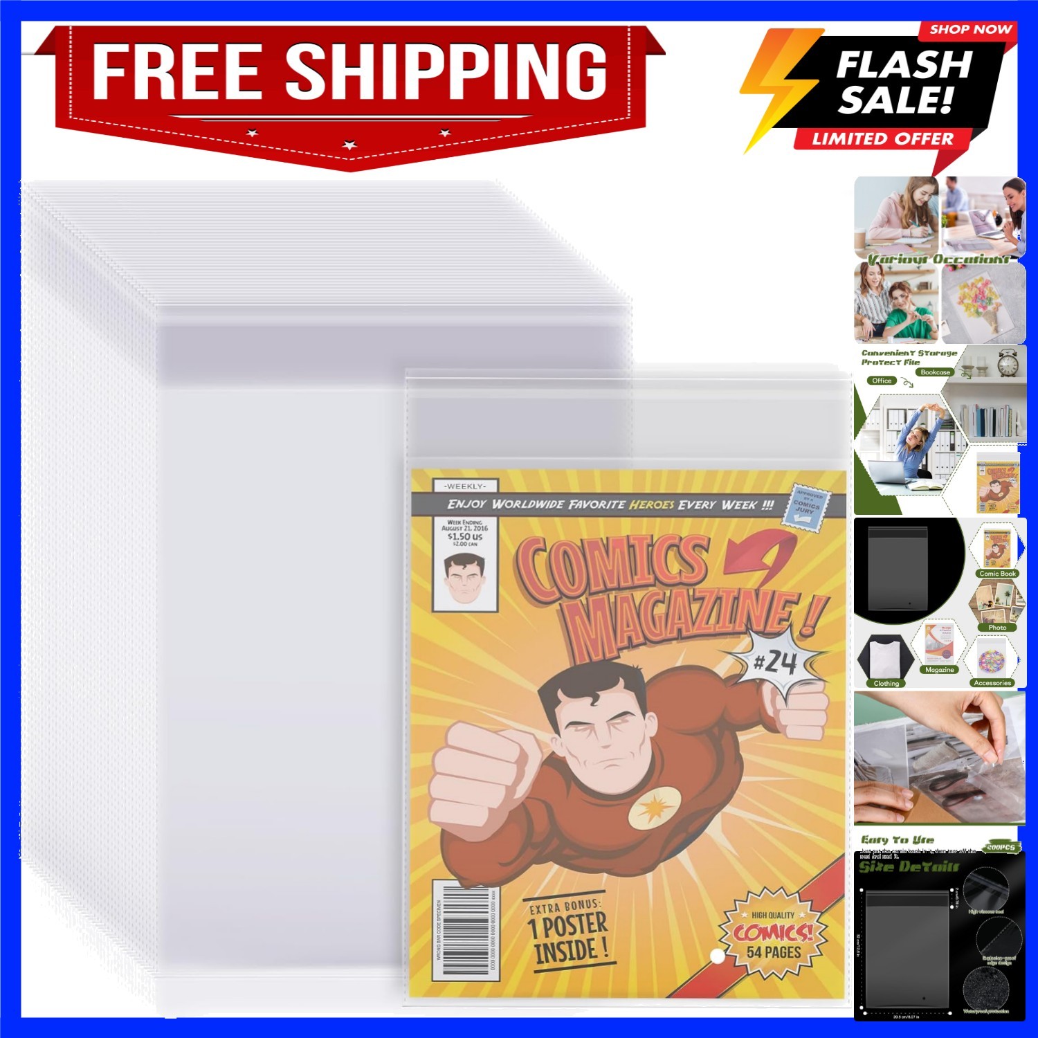 200 Count Comic Book Bags, Clear, 12.6 x 8.07 Inch, Polypropylene PP, Protect…