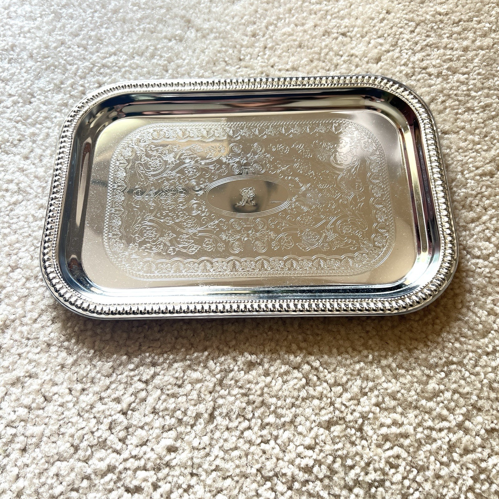 Vintage Ralph Lauren Vanity Tray Metal Silver Toned Engraved Monogram Floral