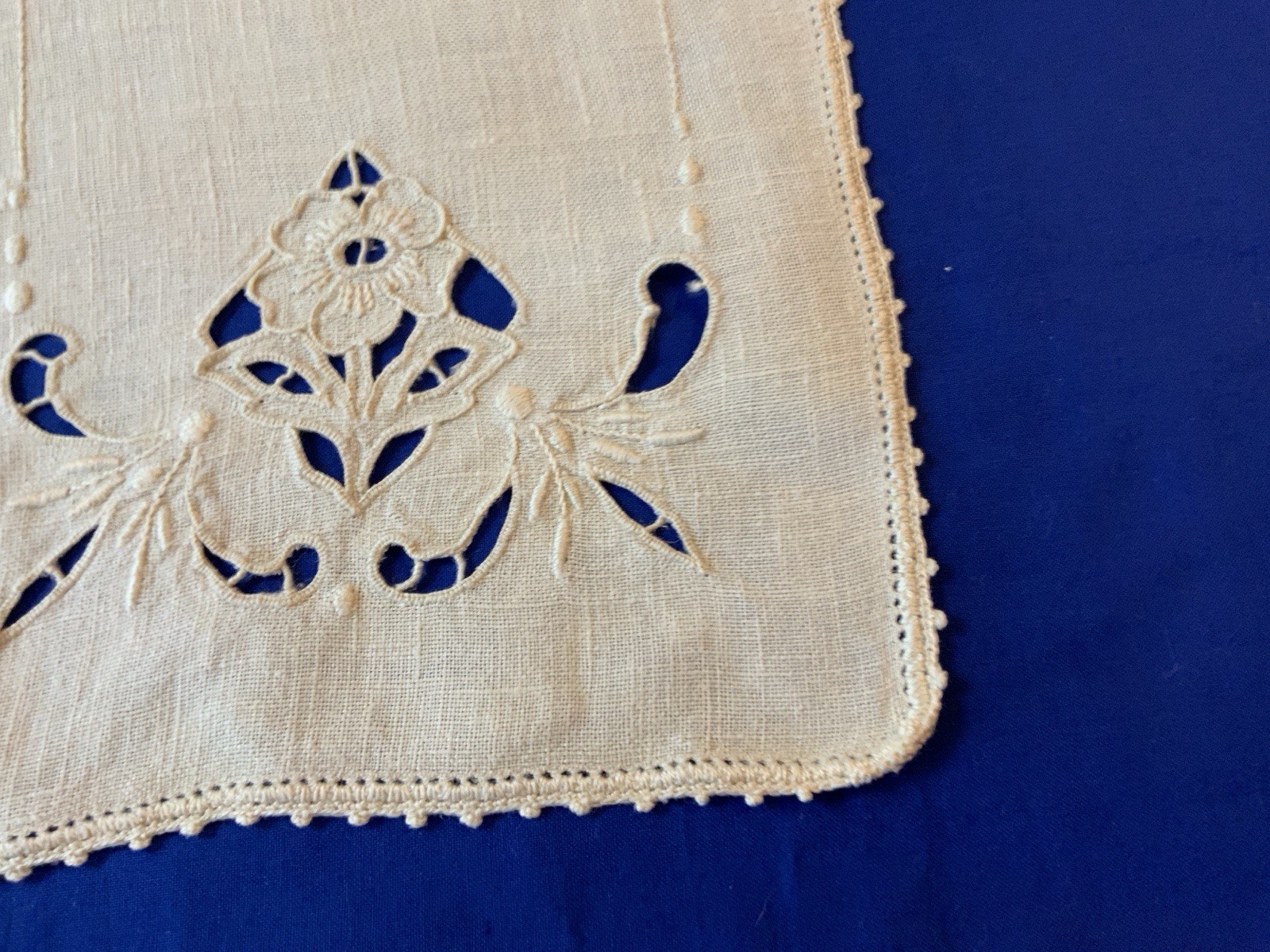 Vintage Antique Rectangle Doily, Flower Embroidery, Linen, Off White