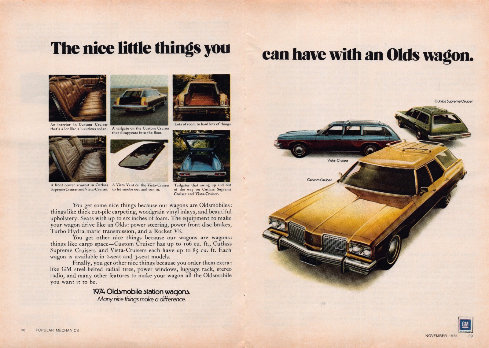 1974 Oldsmobile Station Wagons Rocket V8 Engine 2 Page Vtg Magazine Print Ad