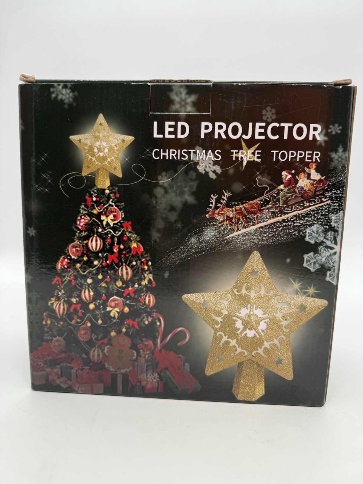 Christmas Tree Topper Star Projector Gold Snowflake 3D Rotating Glitter LED