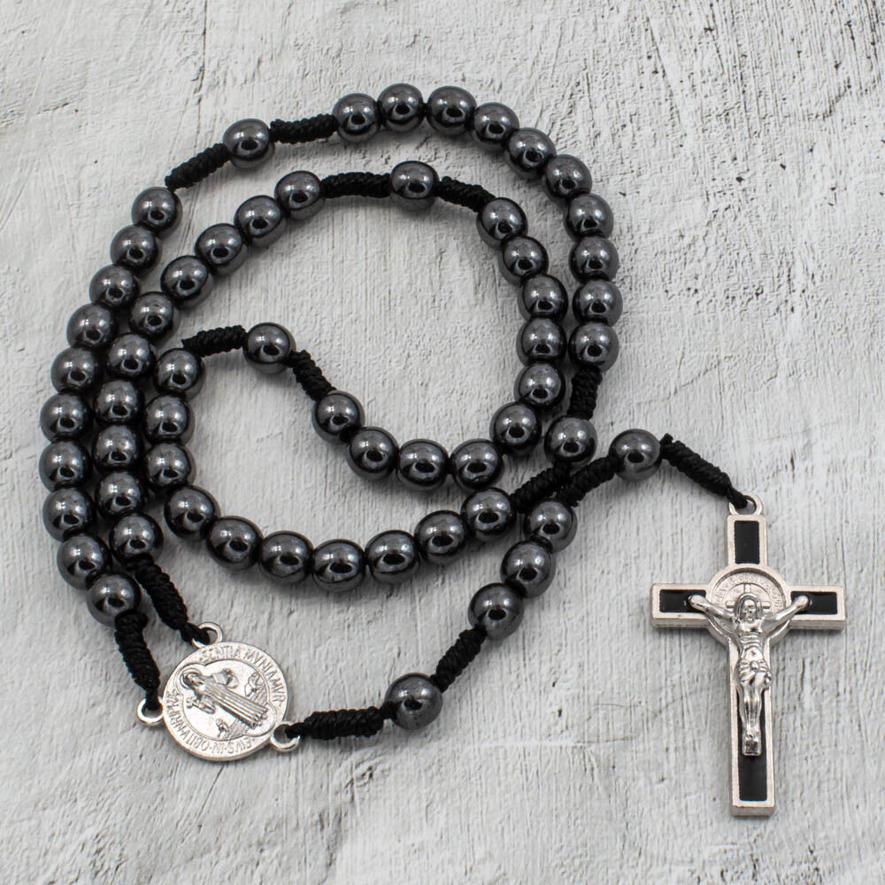 Saint St Benedict Medal Cord Rosary Black Hematite Beads Rosario San Benito 12″