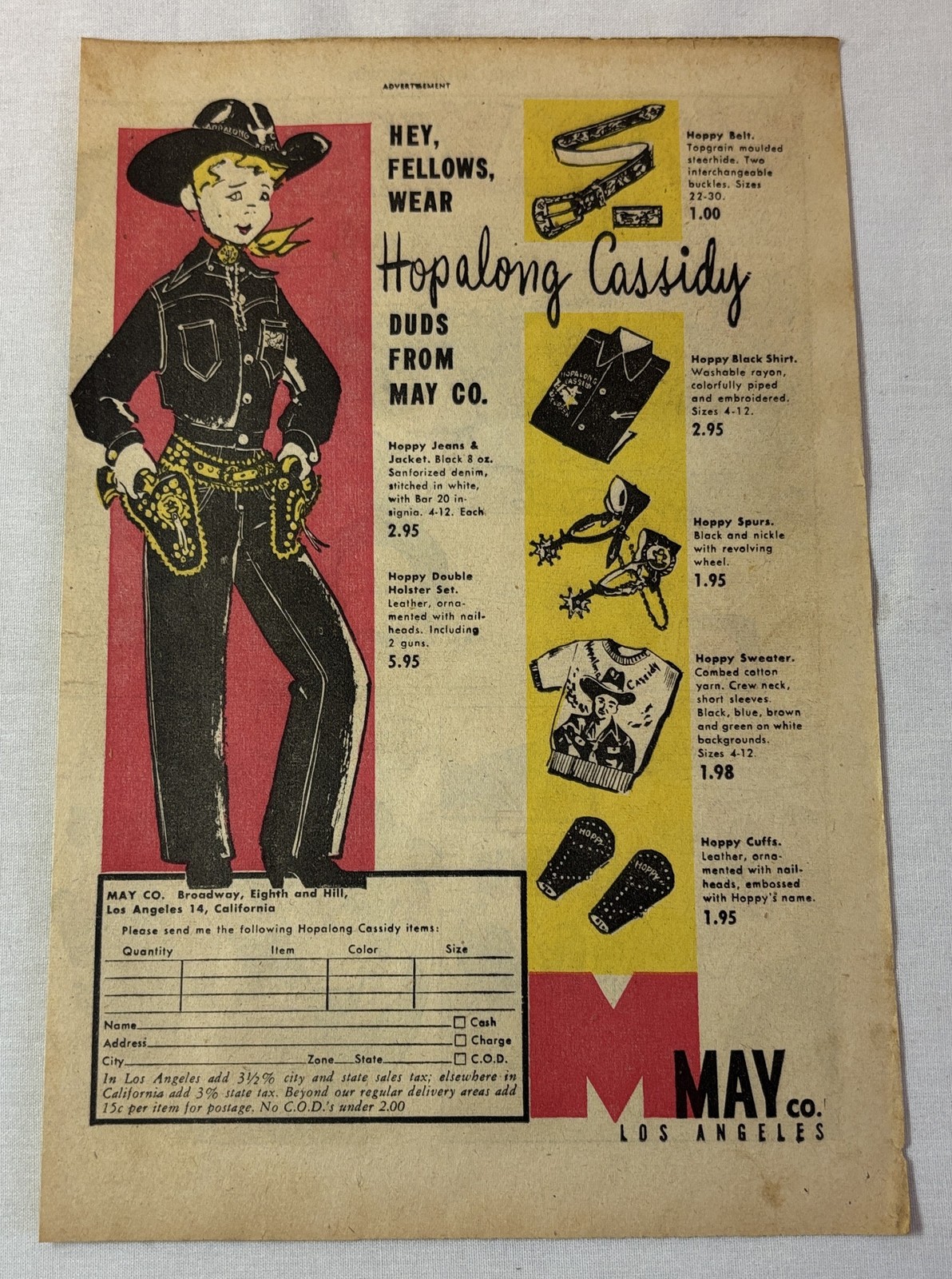 1950 May Department Stores newsprint ad ~ HOPALONG CASSIDY DUDS