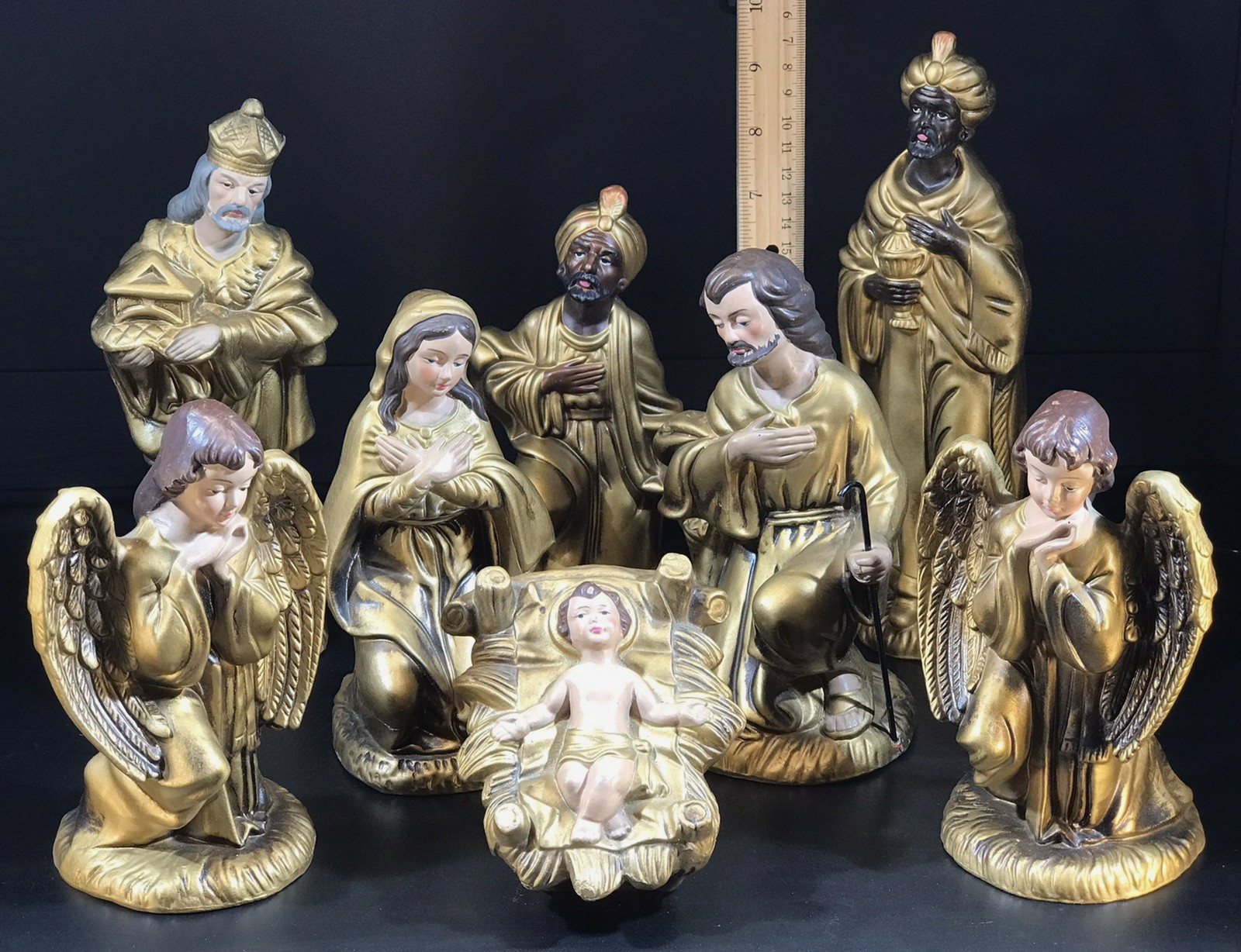 VTG PAPER MACHE NATIVITY SET JAPAN GOLD 10″ HOLY FAMILY KINGS ANGELS 8pc ELEGANT