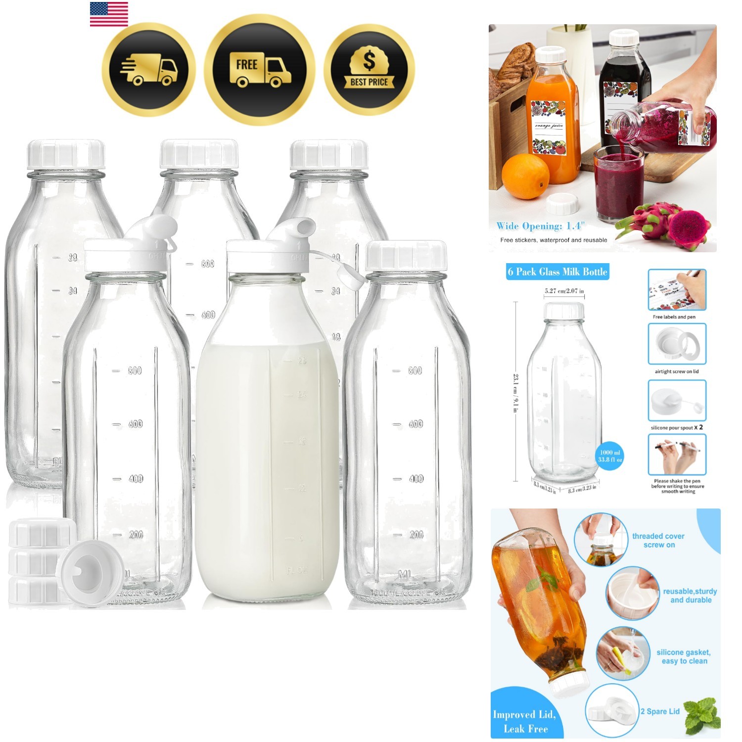 Glass Milk Bottles with Airtight Lids Dispenser 6 Pack 33 oz Food Grade