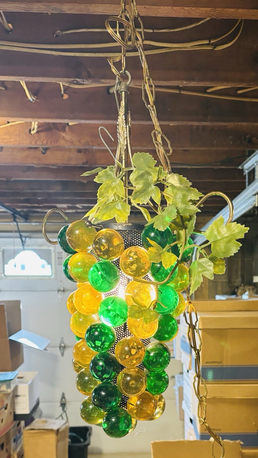 Vintage 21 Inch Green Yellow Lucite Grape Cluster Swag Lamp Mid Century – Works