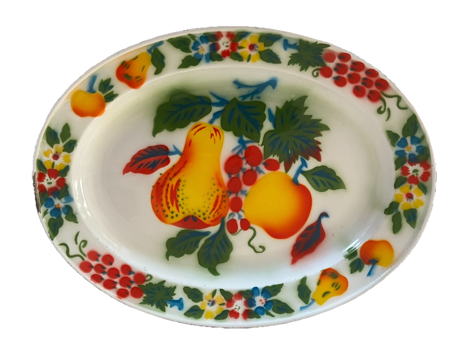 Enamelware Fruit Flowers Oval Serving Tray Approx. 18×14” Platter Colorful Vtg