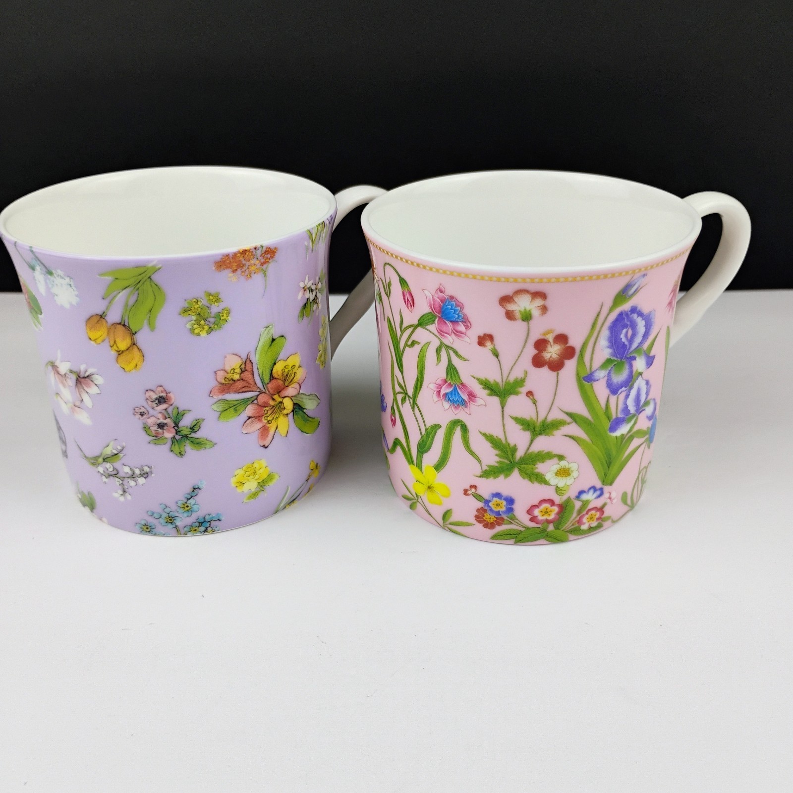 Stechcol Gracie Bone China 10 oz Set 2 Floral Pink Mauve Coffee Mugs Cottagecore